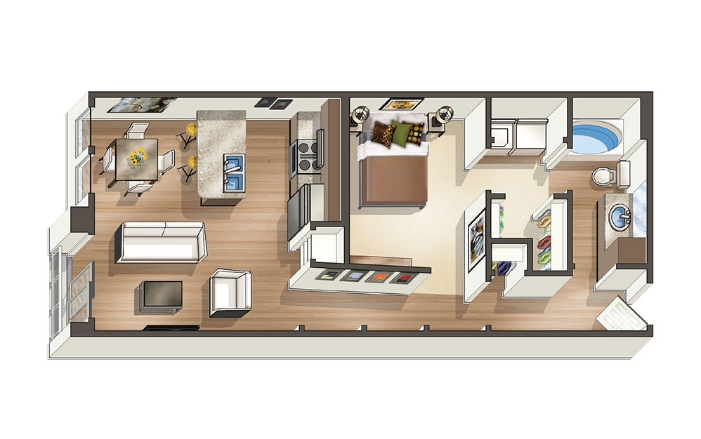 The Bayfront 1 Bedroom & 1 Bathroom Apartment Floor Plan At The Cosmopolitan Apartments In Corpus Christi, TX